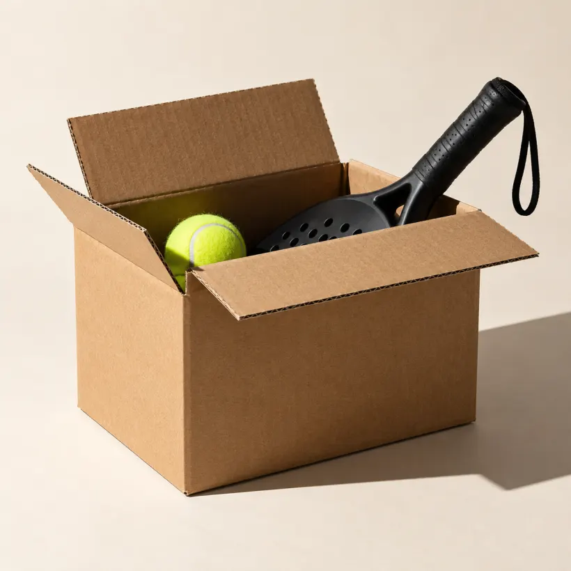 Un carton d’expédition ouvert d’où dépassent une balle et une raquette de padel
